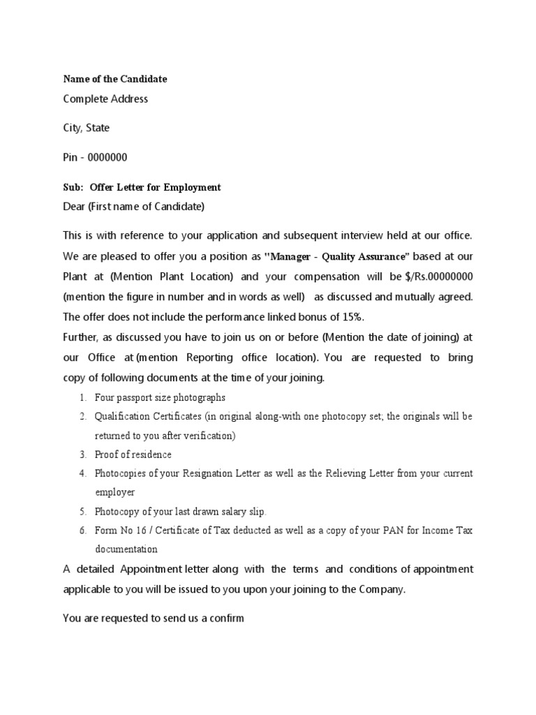 Employment Offer Letter for Manager QA | PDF