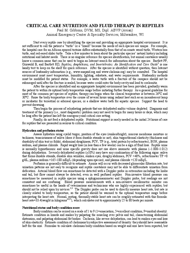 Reptile Critical Care Nutrition Guide Pdf Dehydration Photo Inspiration