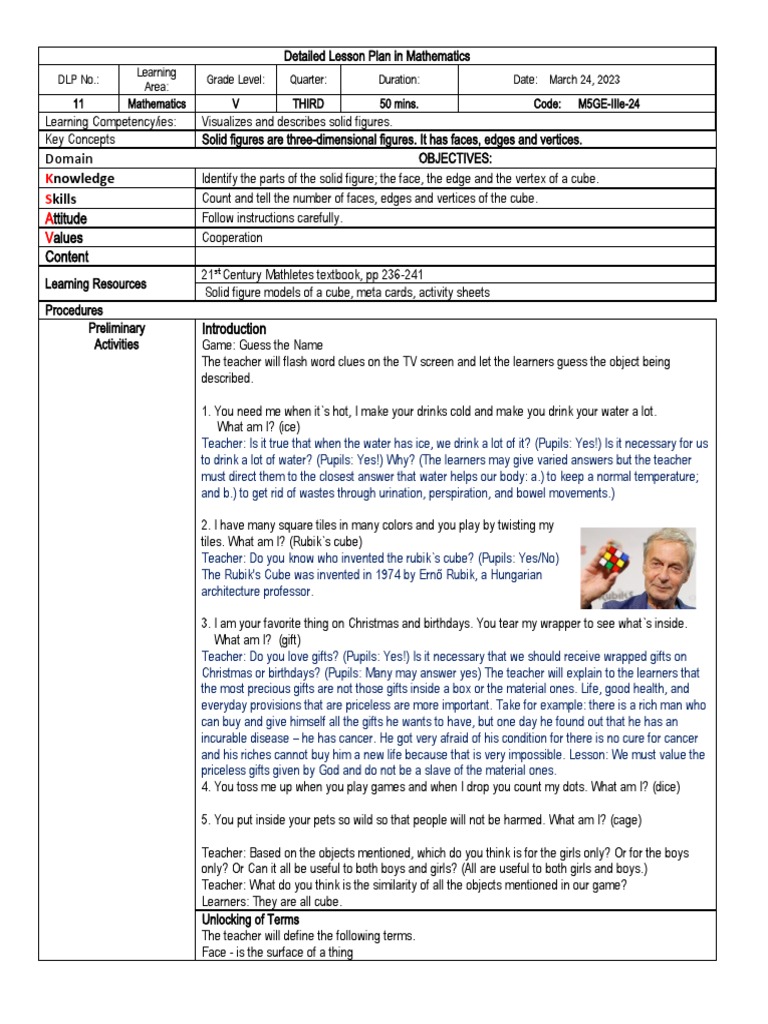 Grade 5 Math Lesson Plan: Solid Figures | PDF | Vertex (Geometry ...