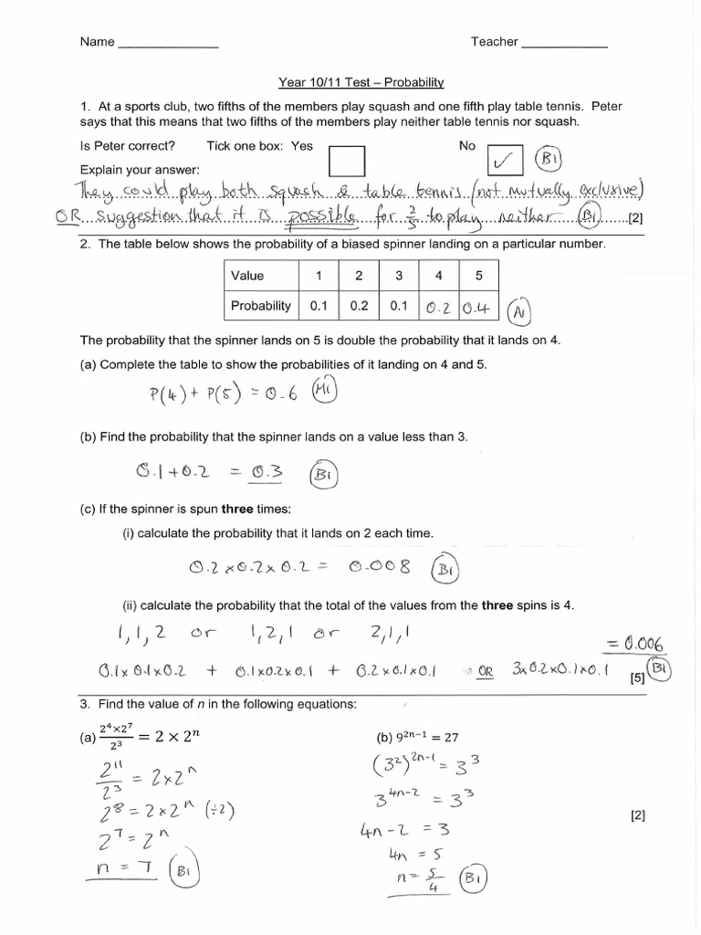 Probability Test 11th Feb Answers | PDF