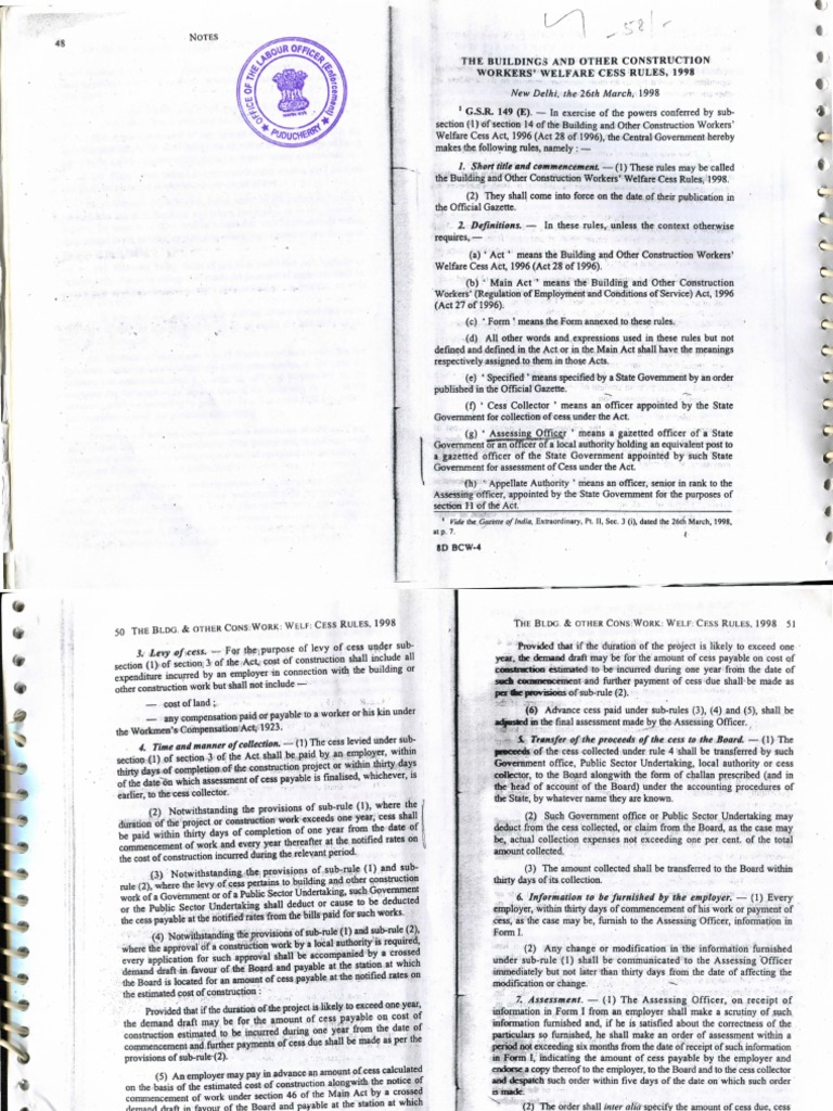 Building and other construction workers welfare cess rules 1998 pdf