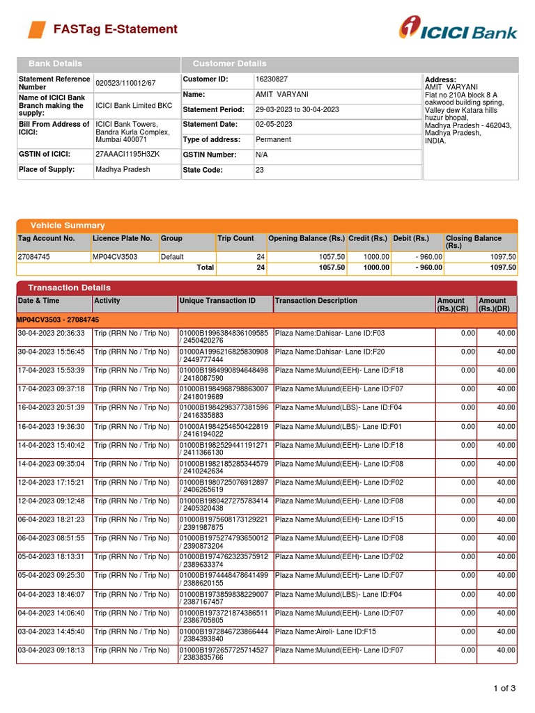 ICICI FASTag Transaction Statement | PDF | Debits And Credits ...