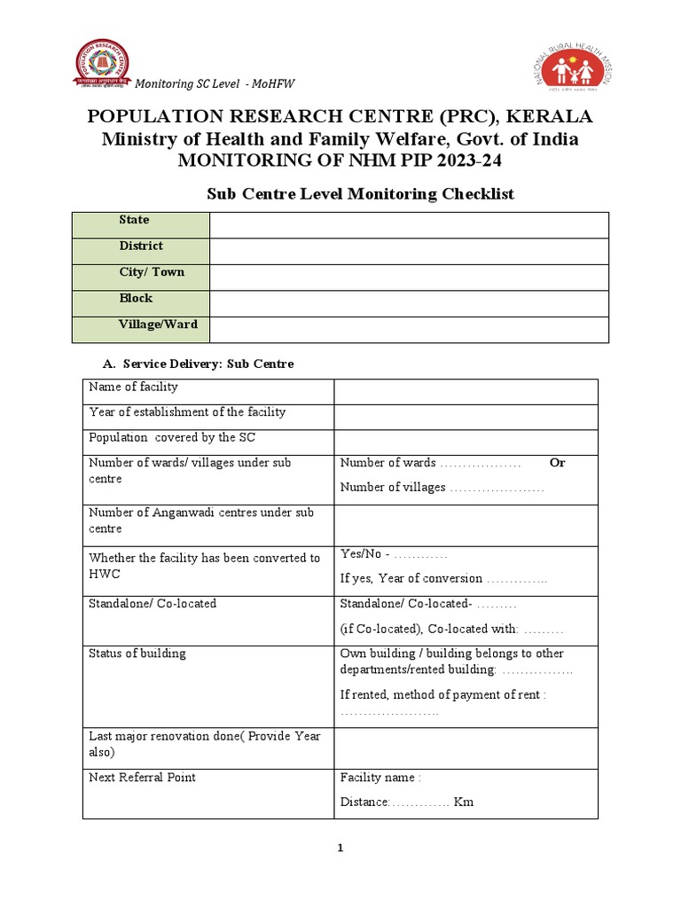 Sub Centre Checklist PDF Tuberculosis Causes Of Death