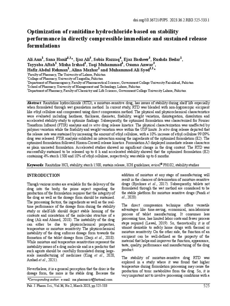 2023 Optimization of Ranitidine Hydrochloride Based On Stability Performance in Directly