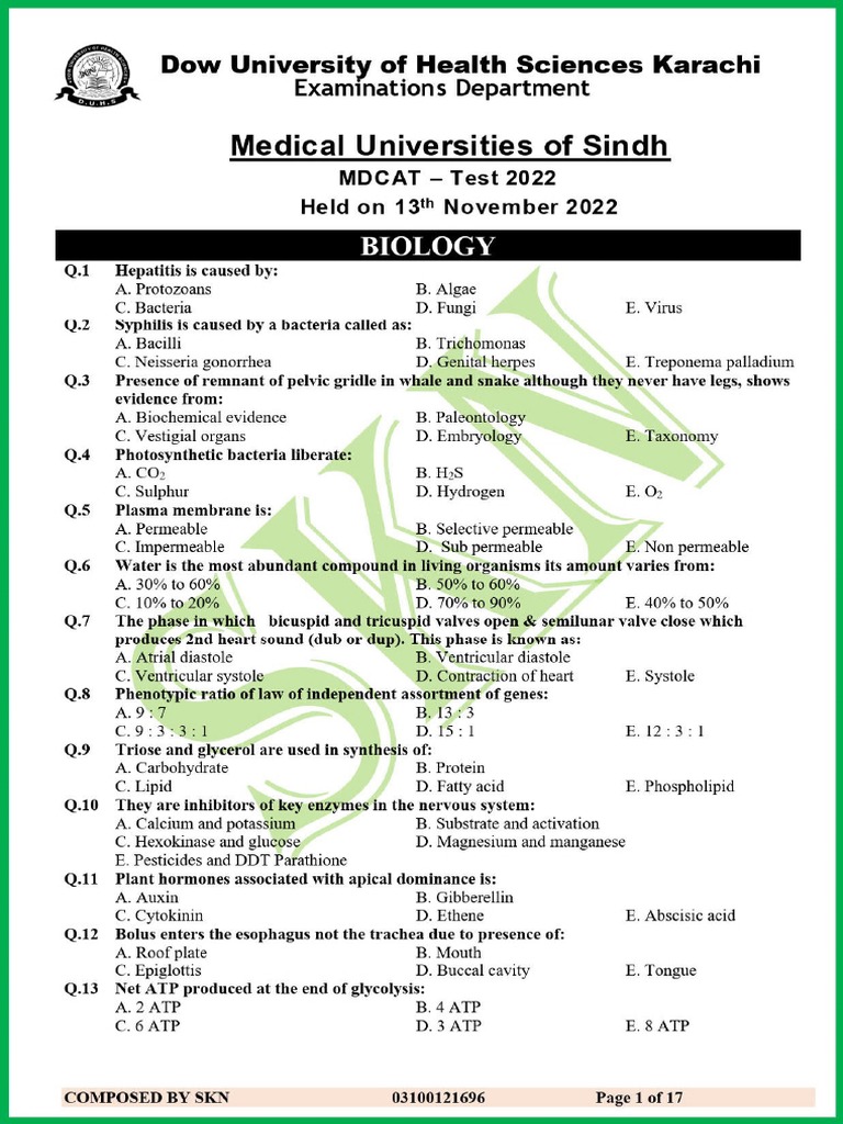 Uhs Mdcat 2019 Paper With Key