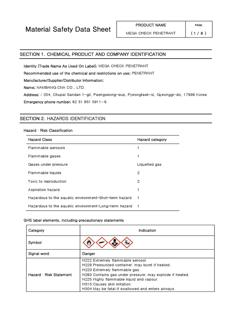 Mega Check Penetrant MSDS Summary | PDF | Toxicity | Firefighting