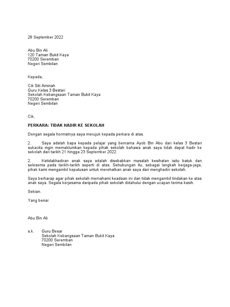 Surat Tidak Hadir Ke Sekolah Pdf