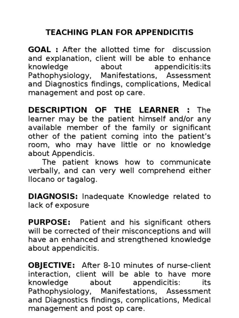 Appendicitis Health Education Plan | PDF