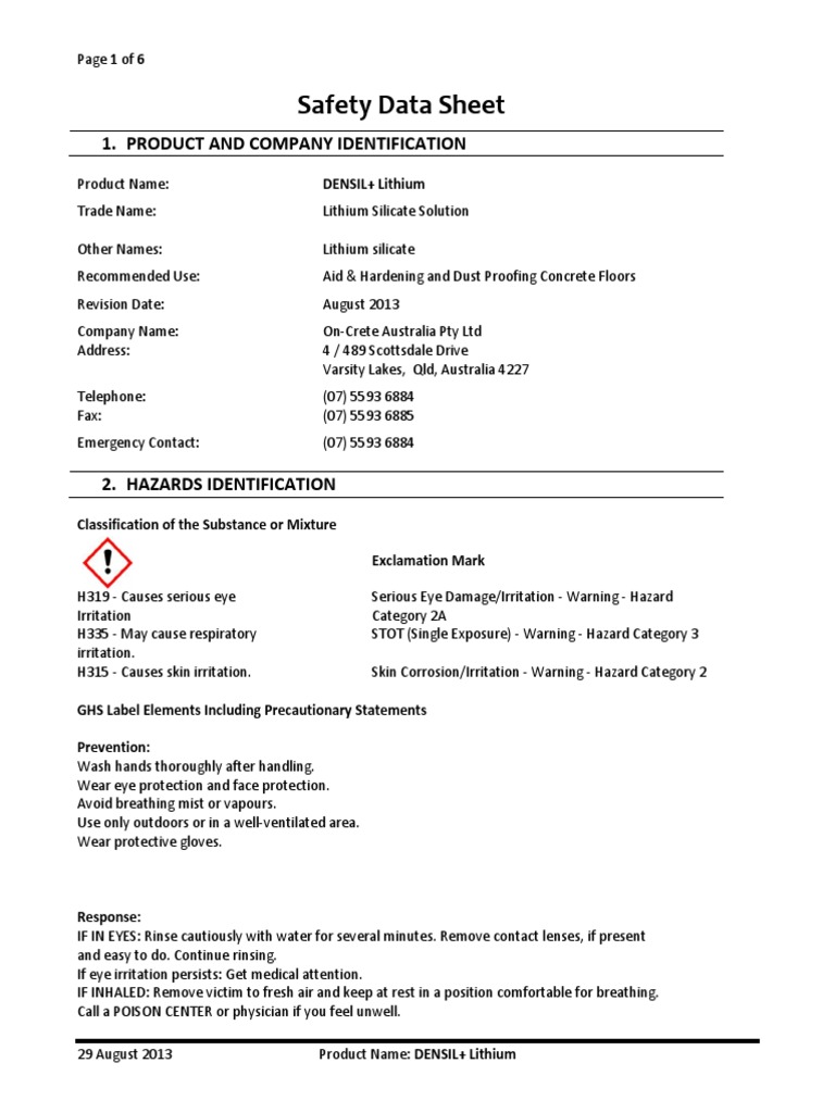 MSDS DENSIL Lithium | Download Free PDF | Toxicity | Chemistry
