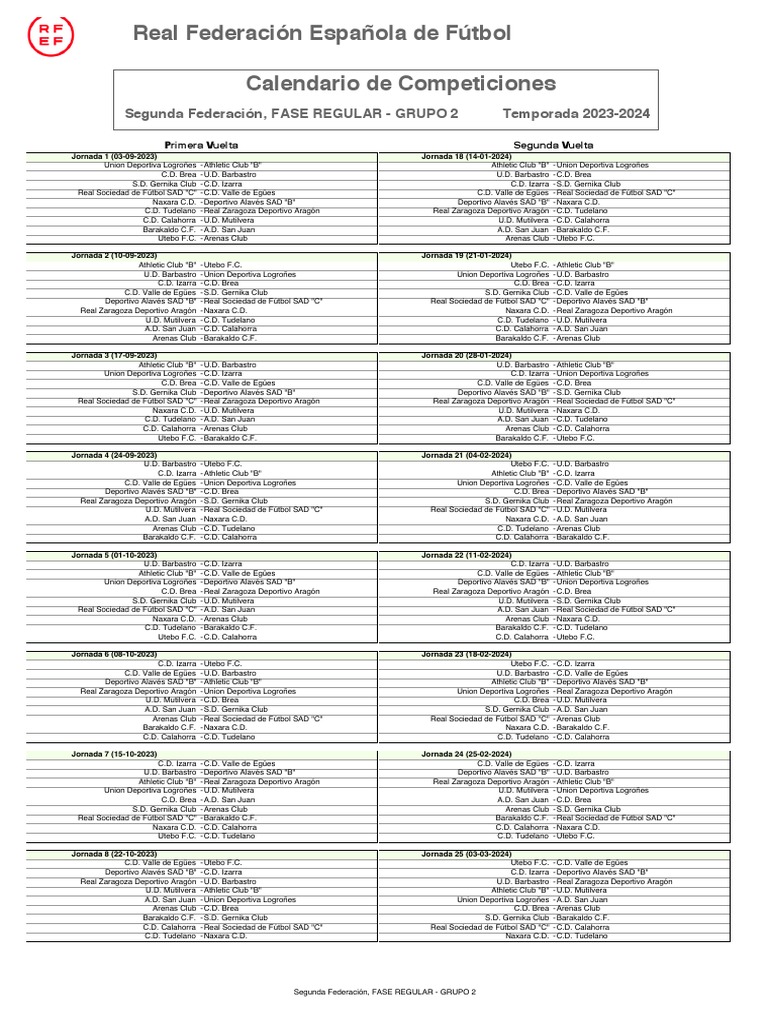 Calendario Segunda Federación Grupo 2 PDF Clubes deportivos
