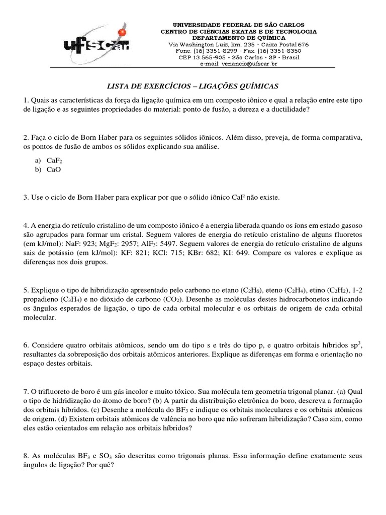 Lista De Exercícios Pdf Moléculas Ligação Química