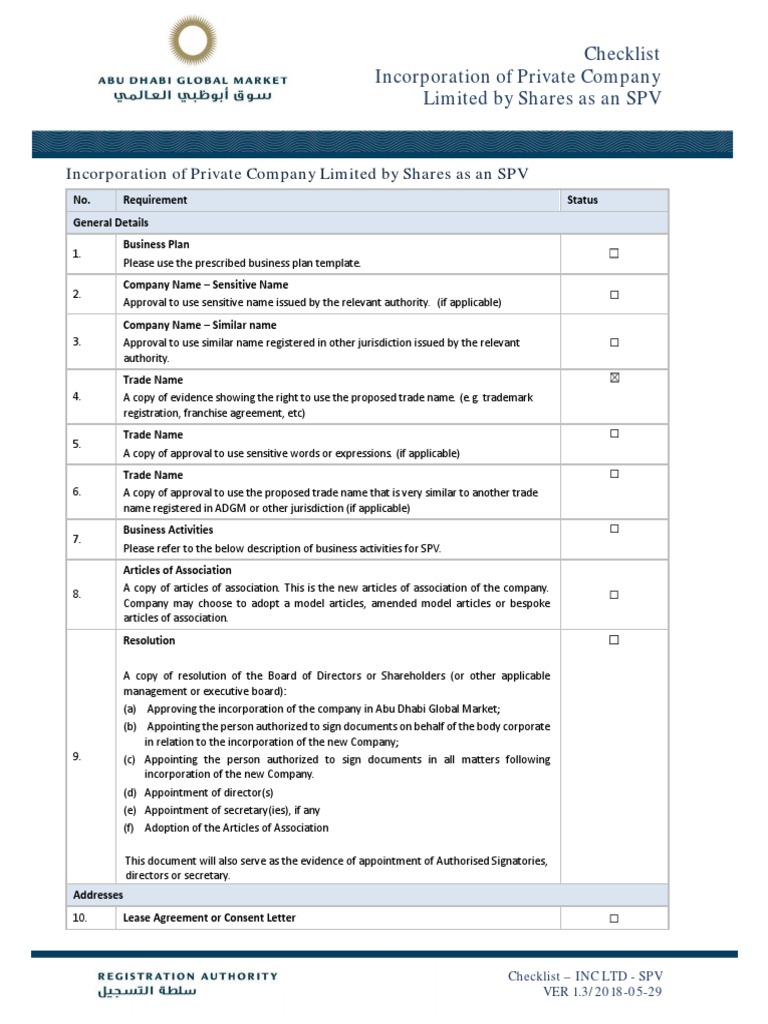 SPV Incorporation Checklist for ADGM | PDF | Articles Of Association ...
