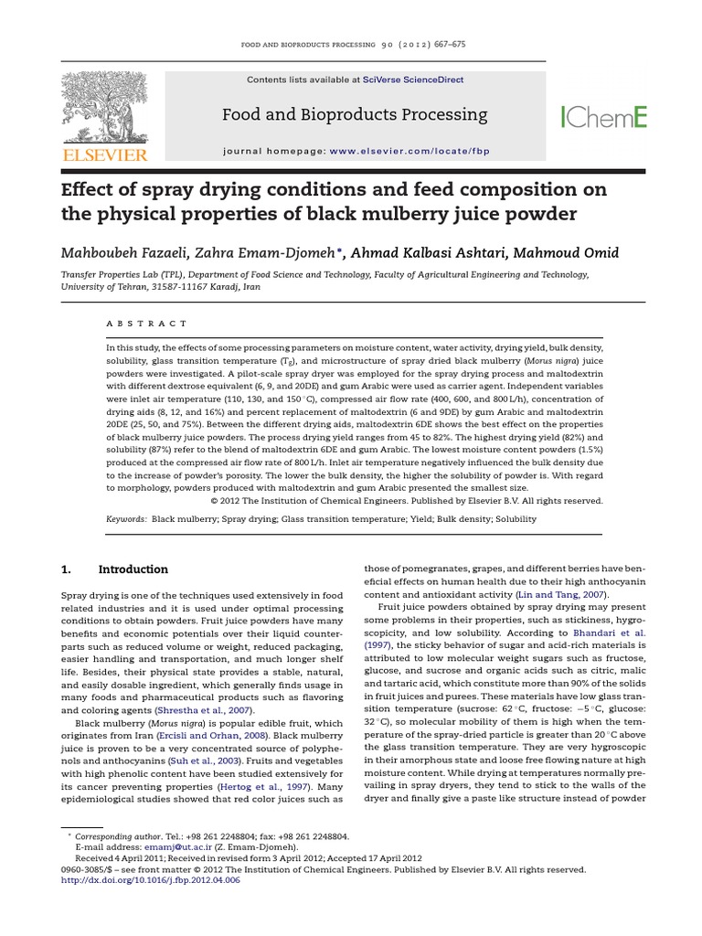 Spray Drying of Mulberry Juice | PDF | Differential Scanning ...