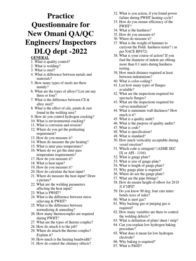 Practice Questionnaire For New Omani QAQC Staff - DLQ Dept | Download ...
