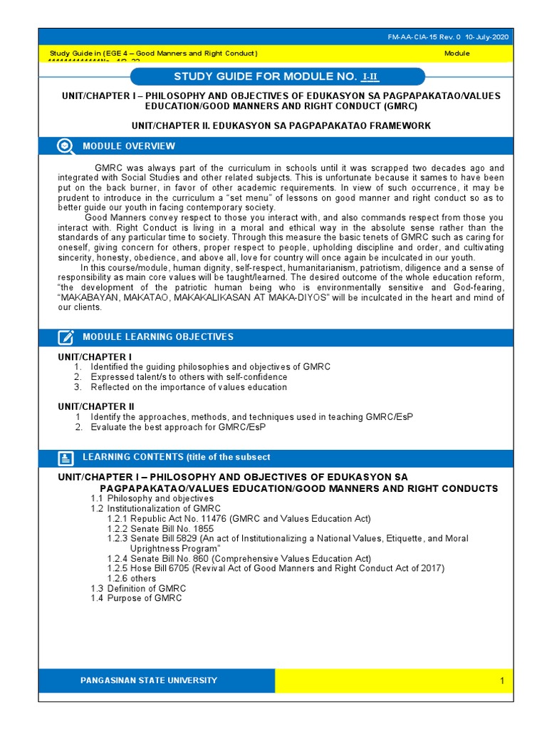 GMRC Study Guide for EGE 4 Module | PDF | Teachers | Etiquette