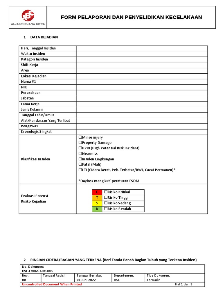 Hse Form Abc 006 Form Laporan Dan Investigasi Kecelakaan Pdf