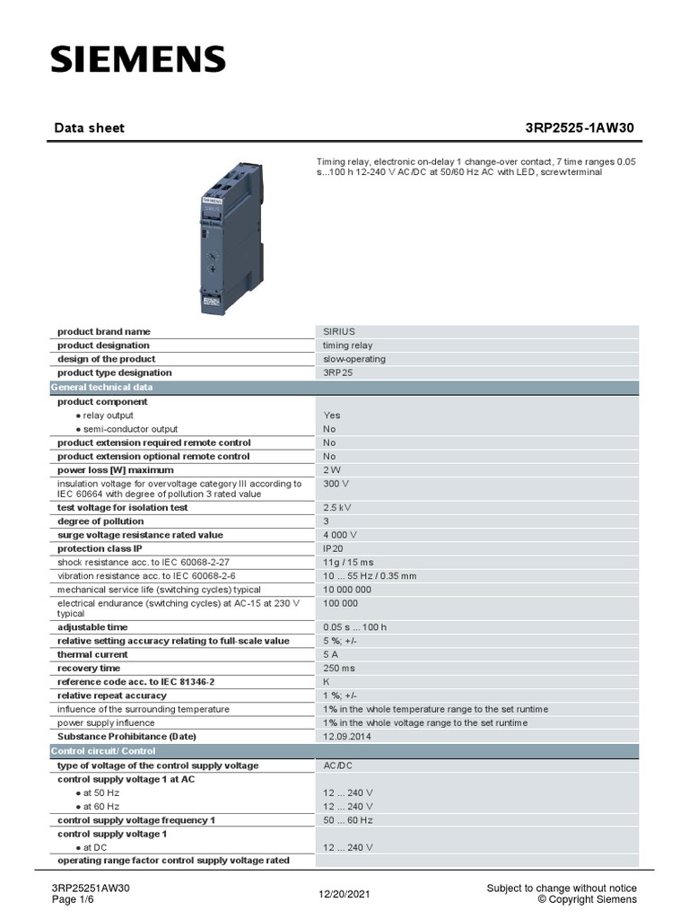 Data Sheet 3RP2525-1AW30 | PDF | Relay | Alternating Current