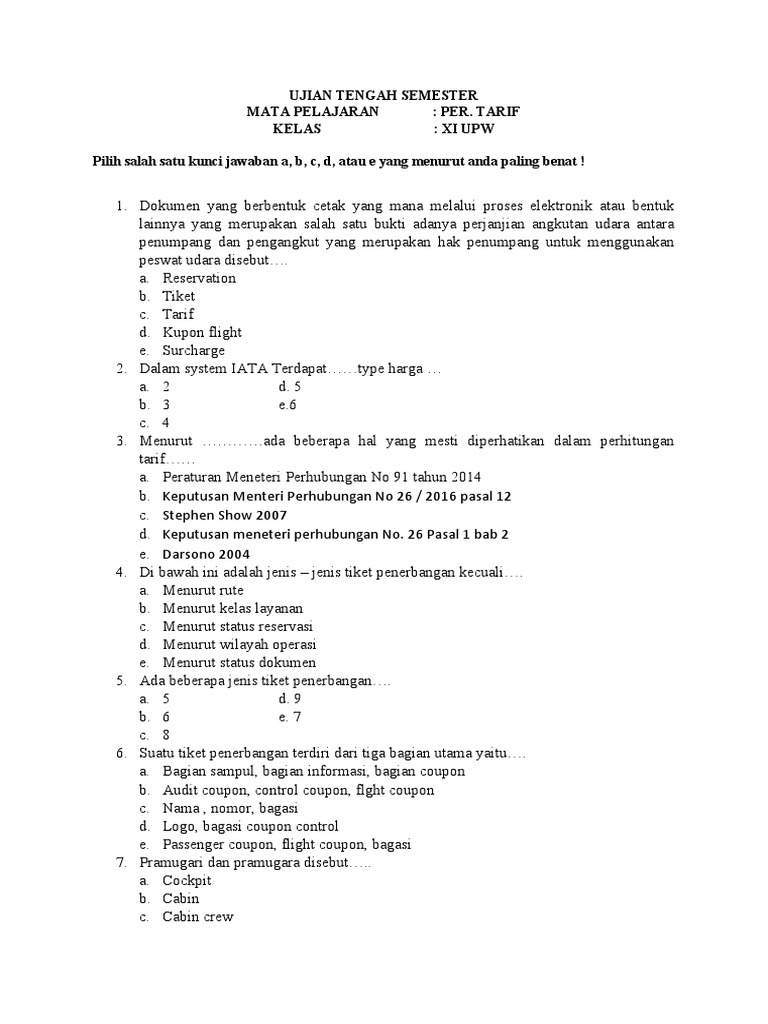 Ujian Tarif Penerbangan Kelas XI UPW | PDF | Bisnis