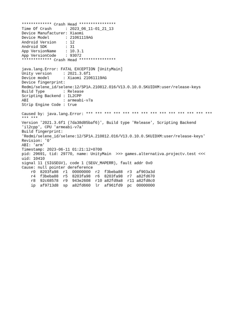 Xiaomi Unity Crash Report 2023 | PDF | Computers | Technology & Engineering