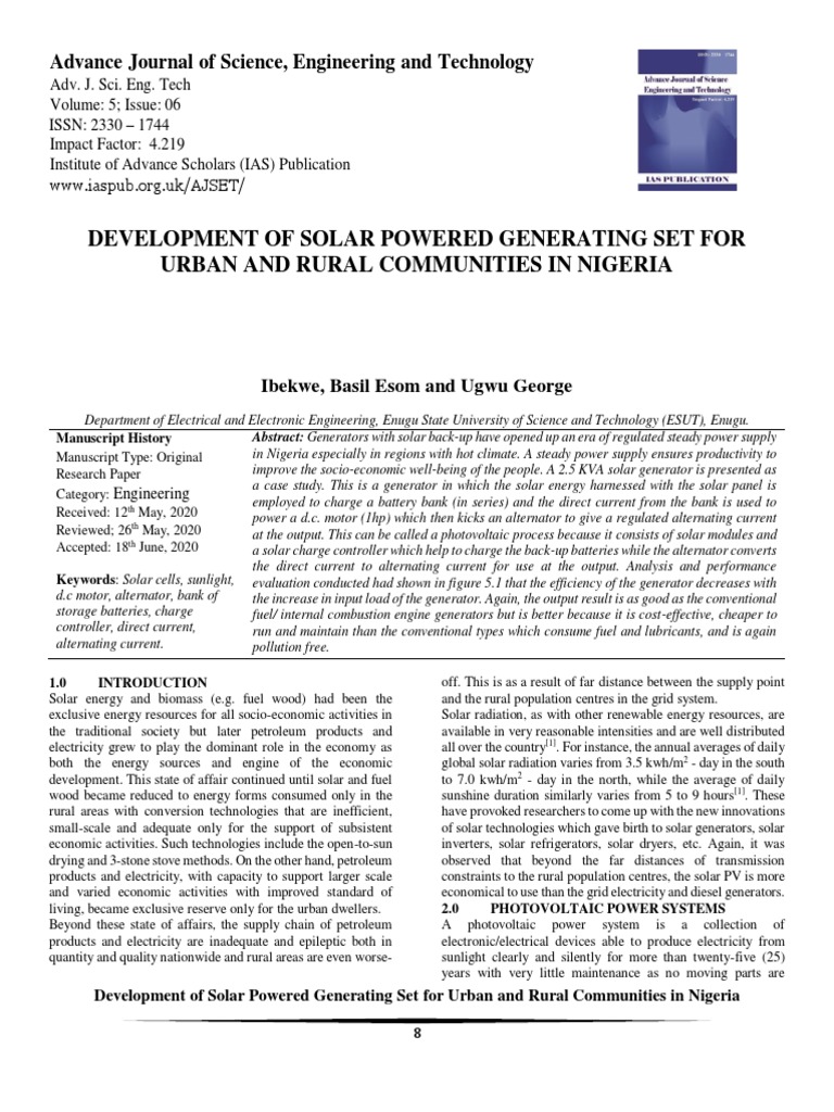 Development of Solar Power Generating Set For Urban and Rural ...