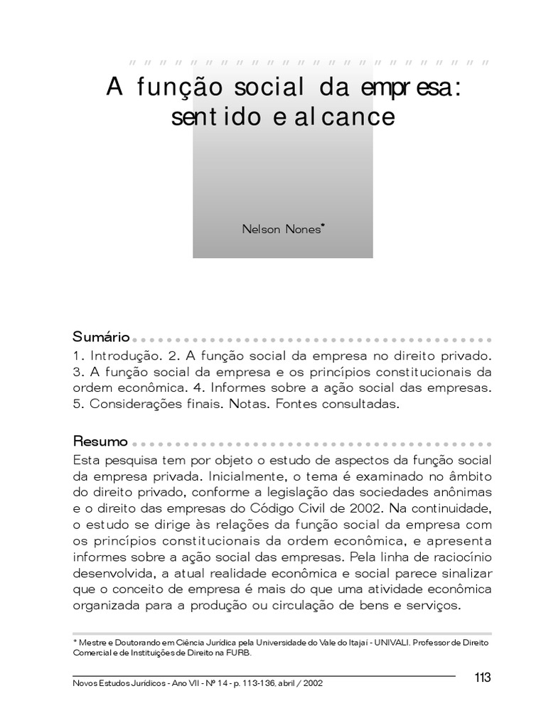 A Função Social Da Empresa - Sentido e Alcance | PDF | Sociologia ...