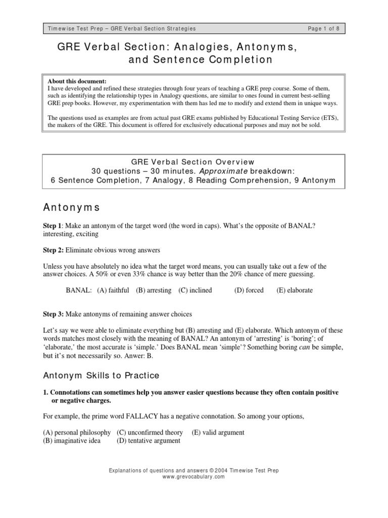 GRE Verbal Strategies Overview | PDF | Graduate Record Examinations | Verb