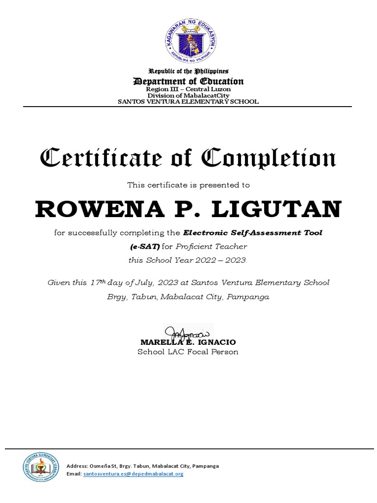 e-SAT Completion Certificates 2023 | PDF | Government | Philippines
