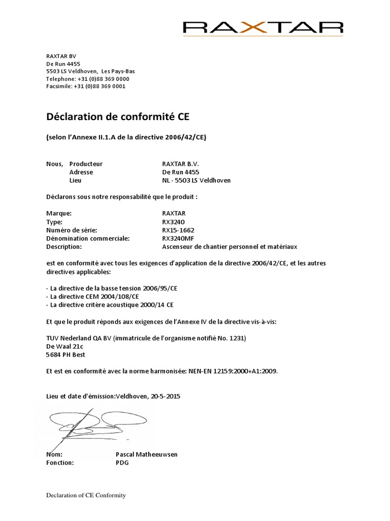 Déclaration de conformité CE RAXTAR RX3240 | PDF