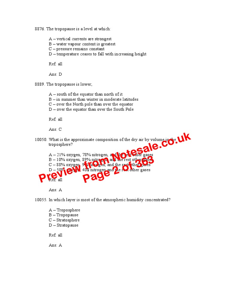 ATPL Meteorology Exam Questions | PDF | Troposphere | Fog
