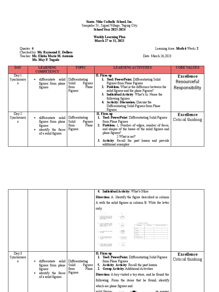 Math 6 Weekly Learning Plan: Solid vs. Plane Figures | PDF | Shape