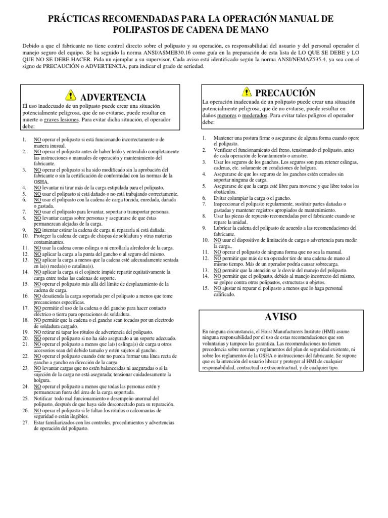 4trvlx5t8c Hand Chain Manually Operated Chain Hoists Spanish PDF