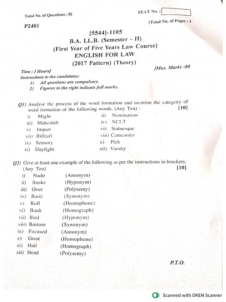 English Question Paper PDF