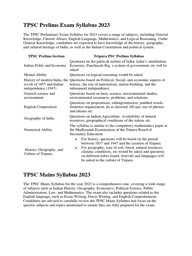 TPSC Prelims Syllabus 2023 Overview | PDF