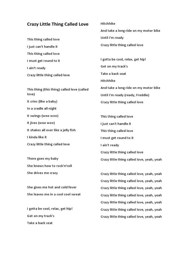 Crazy Little Thing Called Love Lyrics PDF