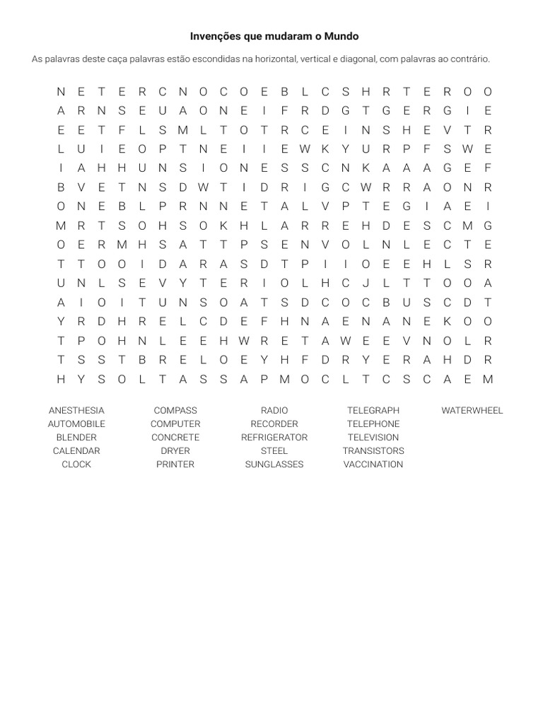 Invenções Que Mudaram o Mundo - Imprimir Caça Palavras | PDF, image size:768x1024