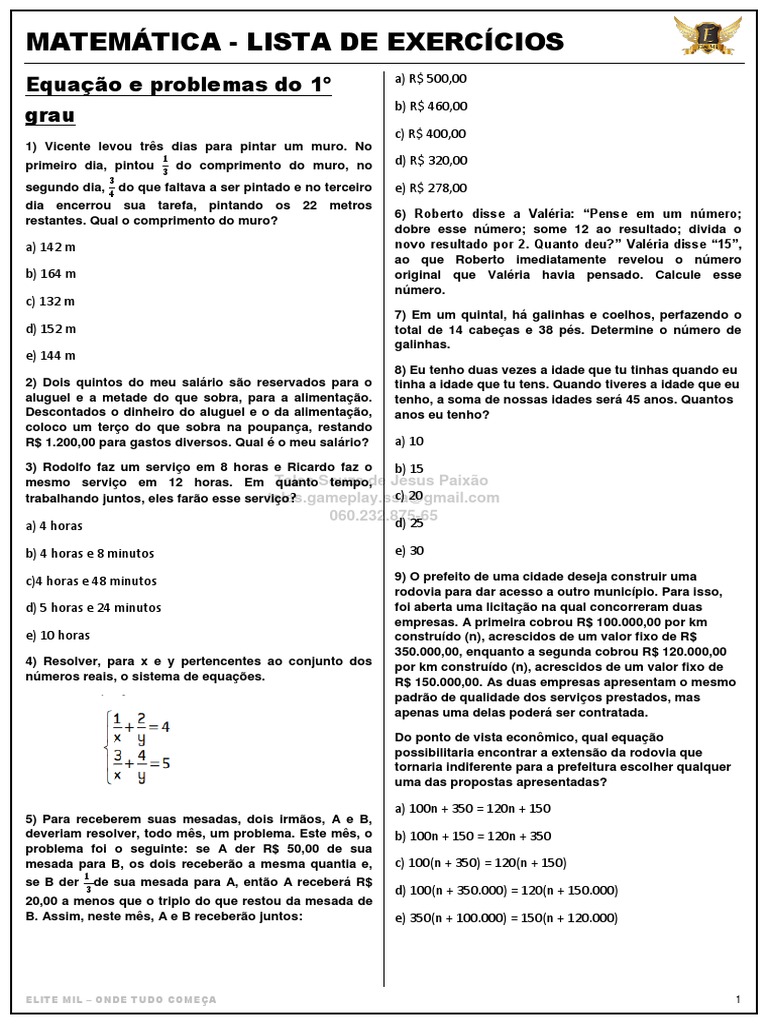 Equação e Problemas Do 1º Grau | PDF | Equações