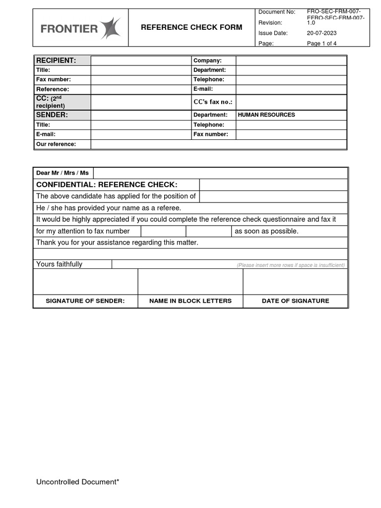 Reference Check Form Template | PDF | Human Communication