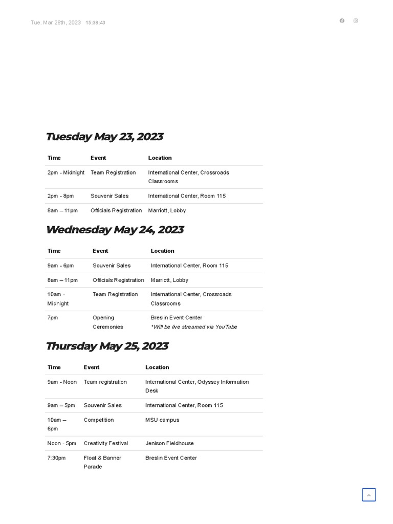 Schedule of Events Odyssey of The Mind World Finals 2023 PDF