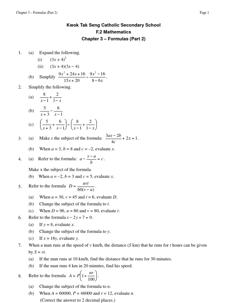 X X X X X: Kwok Tak Seng Catholic Secondary School F.2 Mathematics ...