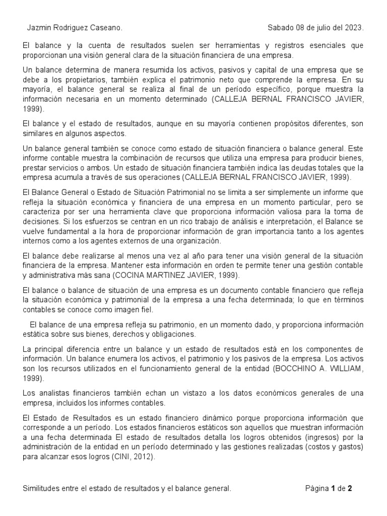 Diferencias entre Balance y Estado de Resultados | PDF | Hoja de ...