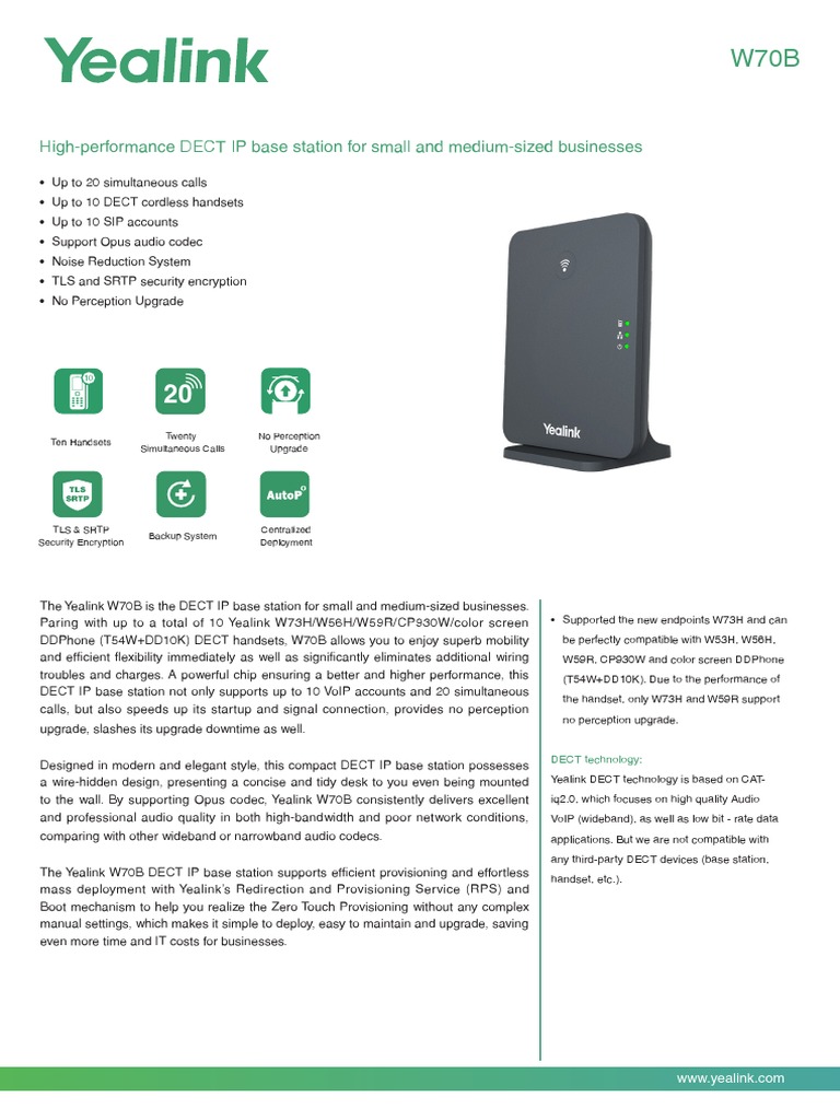 Yealink W70B Datasheet | PDF | Voice Over Ip | Service Industries