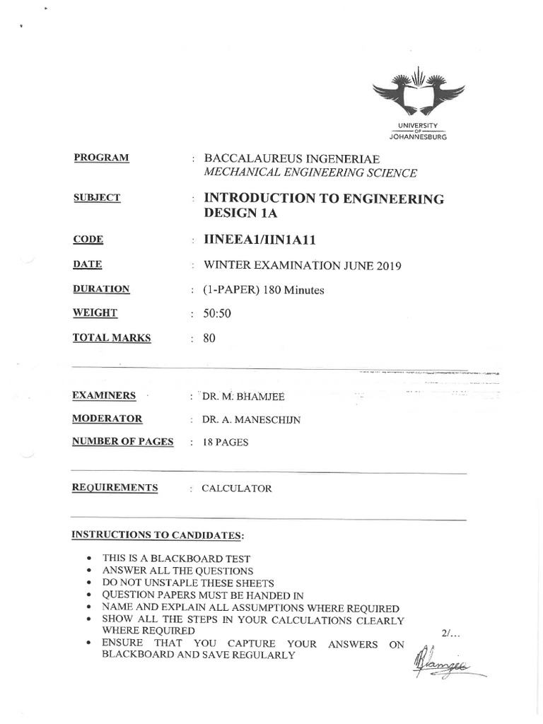 Intro to eng design 1a iineea1 2019 exam pdf