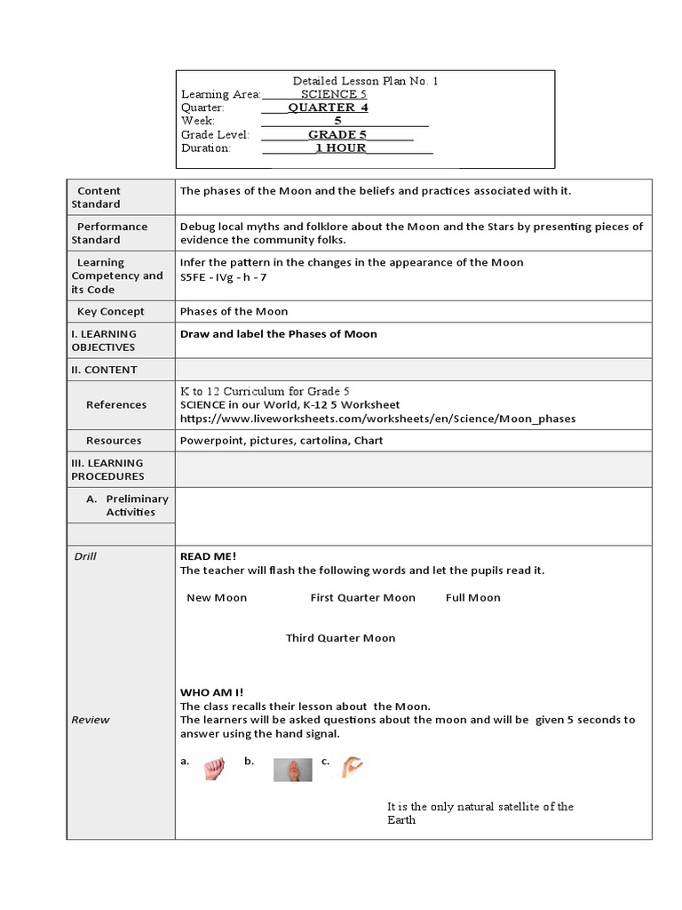 Grade 5 Science: Moon Phases Lesson Plan | PDF | Moon | Earth