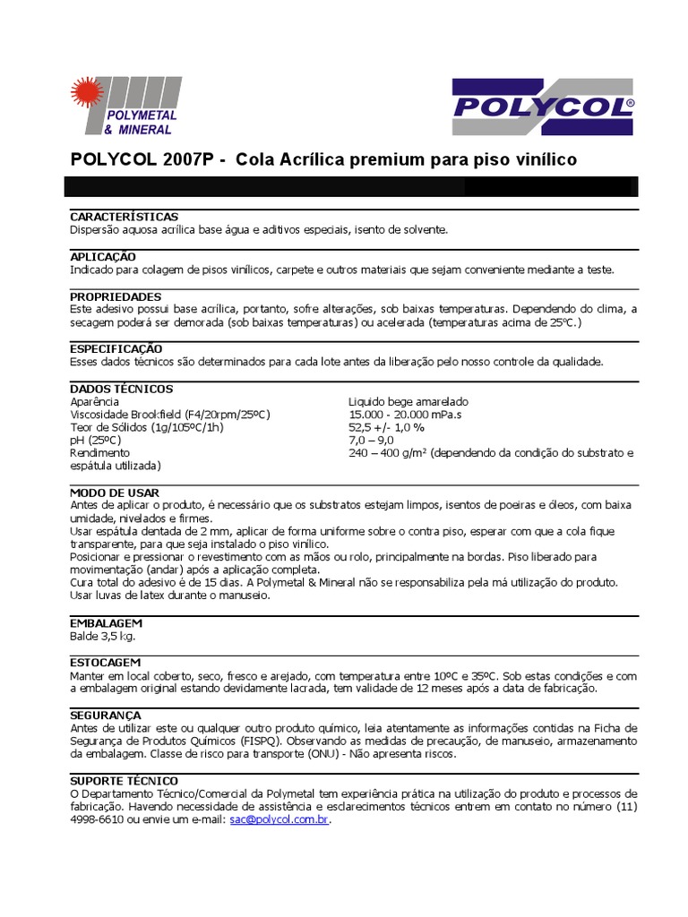 Cola Acrílica Polycol 2007P para Vinílico | PDF | Temperatura | Materiais