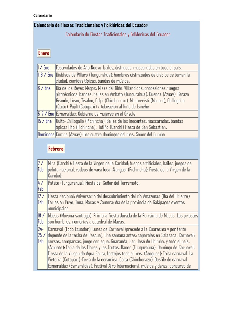 Calendario de Fiestas Tradicionales y Folklóricas Del Ecuador