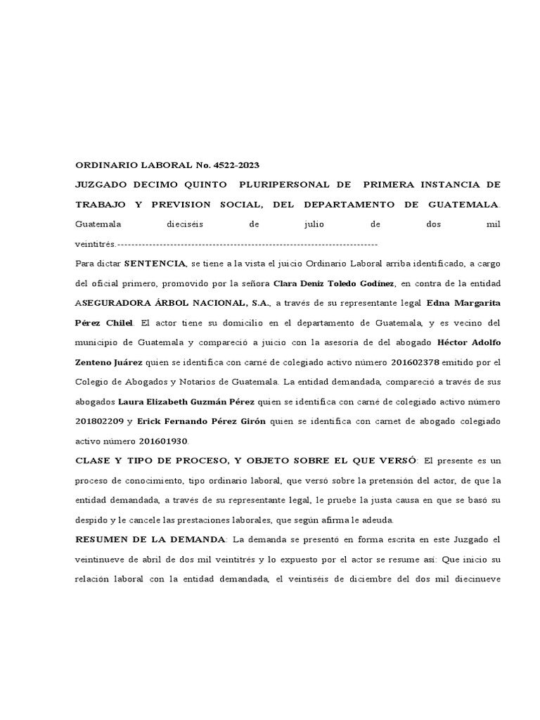 Ejemplo Sentencia Laboral | PDF | Daños y perjuicios | Estatuto de