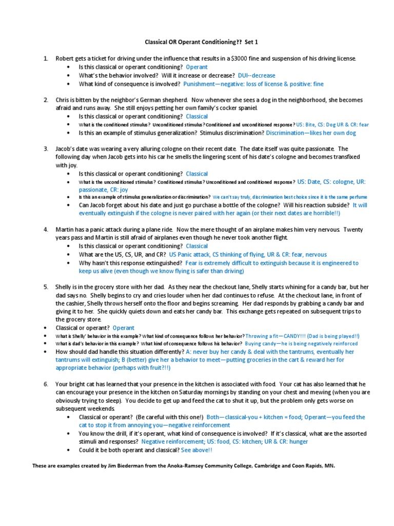 Answer Key Classical OR Operant Conditioning PDF Classical
