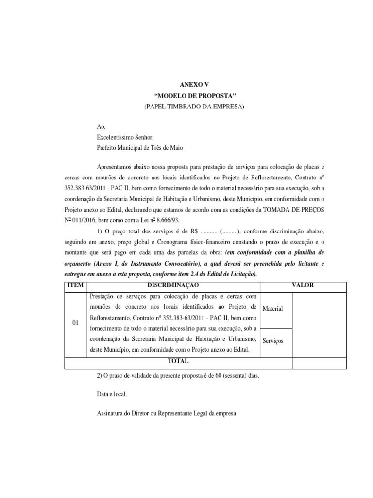 Anexo V - Modelo de Proposta - 298U | PDF