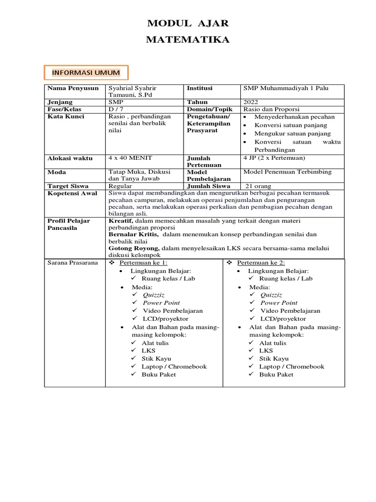Modul Ajar Rasio dan Proporsi SMP | PDF