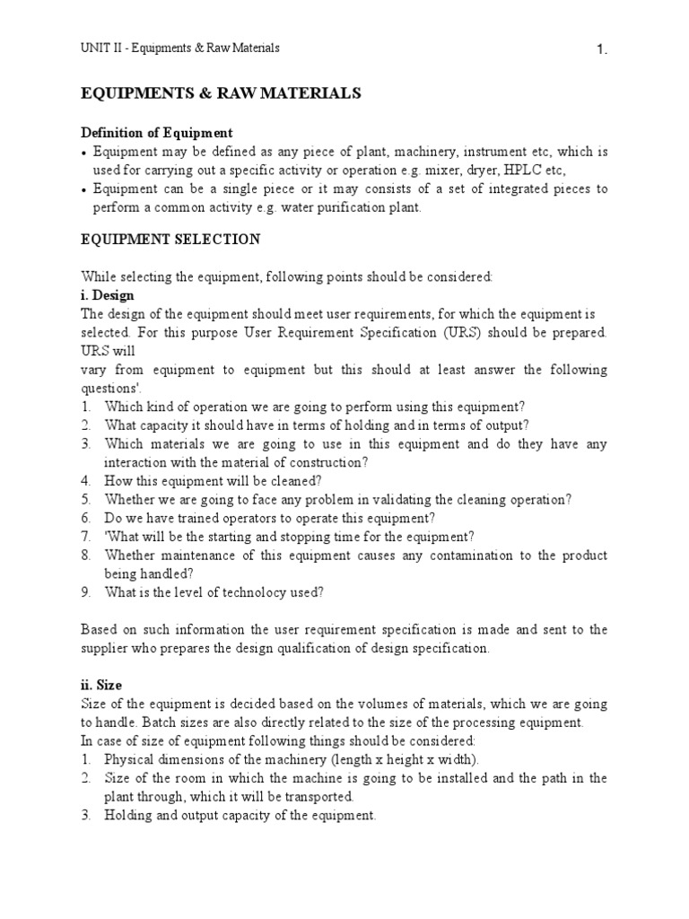 Equipments Raw Materials PDF